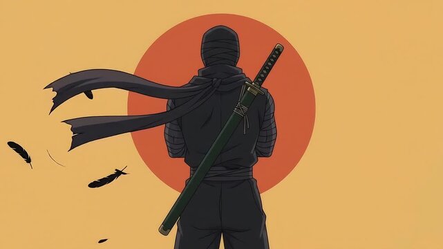 Anime masked ninja from behind on flat amber yellow background, long black scarf streaming, drifting crow feathers, seamless loop 2D cel animation, retro stylized shinobi silhouette aesthetic