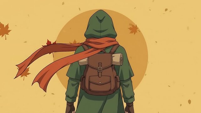 Anime hooded traveler from behind with long orange scarf blowing in wind, falling maple leaves, golden yellow background, seamless loop 2D cel animation, retro lo-fi autumn wanderer aesthetic