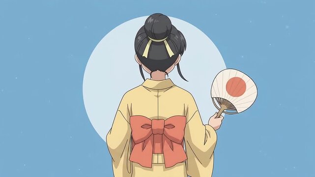 Anime girl in pale yellow yukata seen from behind holding round uchiwa fan, sky blue background, seamless loop 2D cel animation, retro lo-fi summer festival aesthetic, faceless