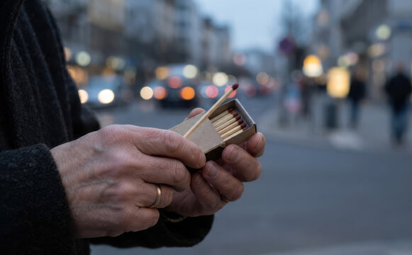 Middle aged man holding a matchbox with safety matches outdoors in urban setting, concept of urban lifestyle