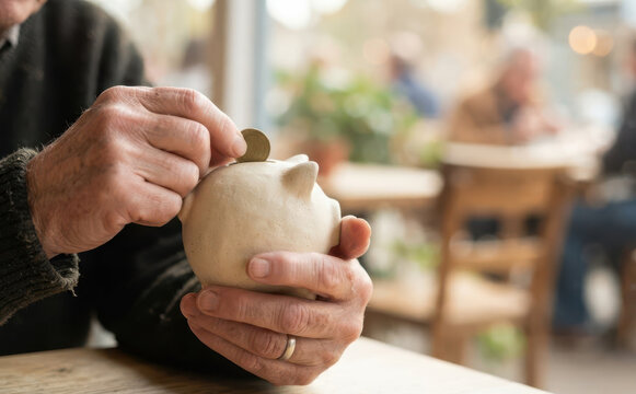 Senior man saving money putting coin into piggy bank for retirement financial plan