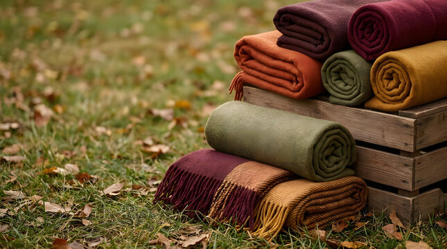 Colorful warm fleece blankets stacked in a rustic wooden crate on green grass with autumn leaves in the backyard.