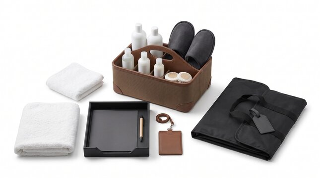 Luxury Hotel Amenities Set With Toiletries Slippers Towels And Travel Bag Isolated On White Background