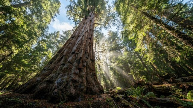 Sunlight rays streaming through ancient redwood forest trees.