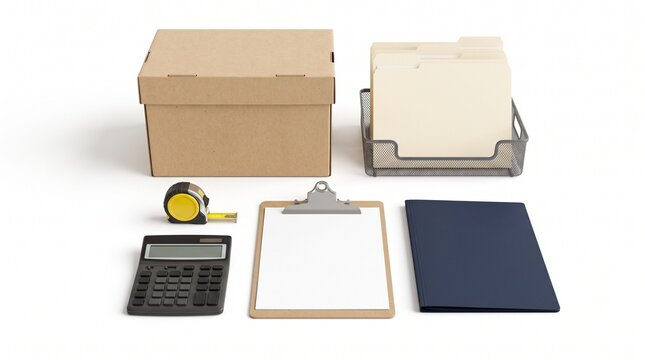 Office supplies for organization and planning including a cardboard box, file organizer, calculator, clipboard, tape measure, and folder