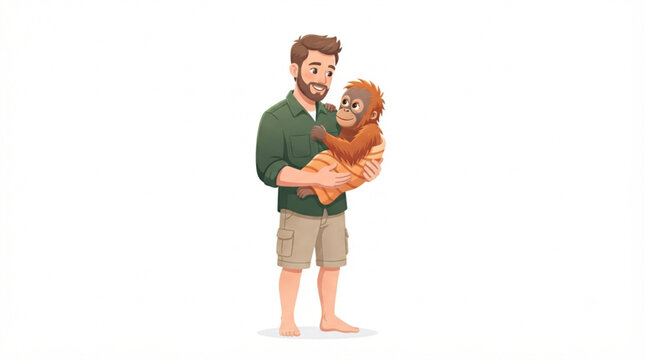 Zookeeper holding and cradling a cute baby orangutan in rehabilitation center