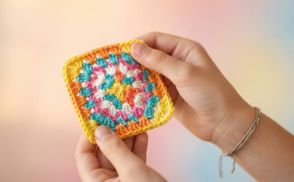 Child holding handmade colorful crochet granny square blanket motif in hands