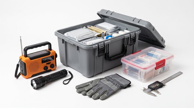Emergency preparedness kit with survival gear including a crank radio, flashlight, gloves, and first aid supplies in a durable case