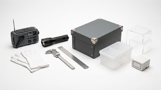 Emergency preparedness kit with essential survival gear including a hand-crank radio, flashlight, gloves, measuring tools, and storage containers