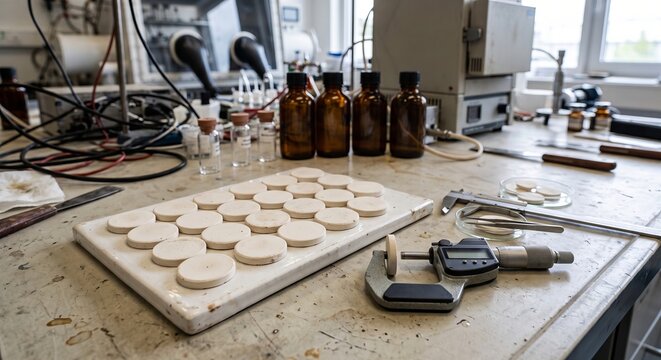 Ceramic electrolyte discs on laboratory workbench with precision measurement tools for advanced solid state battery research
