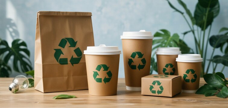 Eco-friendly arrangement showcasing sustainable lifestyle with recycled paper packaging and cups on a wooden surface.