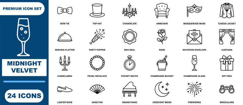 Midnight velvet party set featuring twenty four black outline symbols of formal event decor and luxury celebration on white background