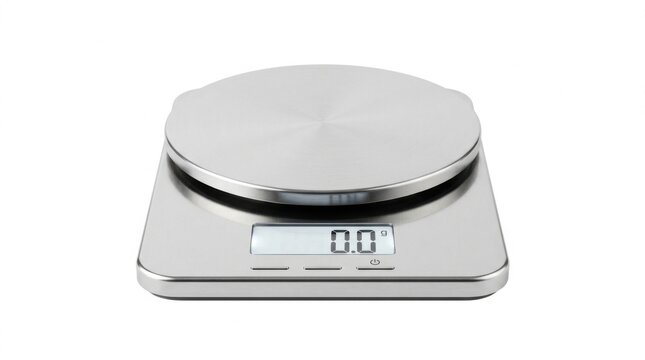 Modern Stainless Steel Digital Kitchen Scale with Zero Reading on Display Isolated on White Background