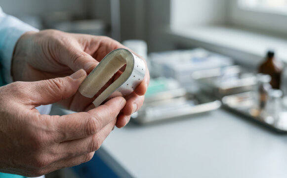 Medical professional holding aluminum malleable finger splint in a hospital clinic setting for injury treatment
