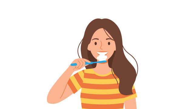 Young woman brushing her teeth with toothpaste and a blue toothbrush while smiling at the camera, showing a good morning hygiene routine.