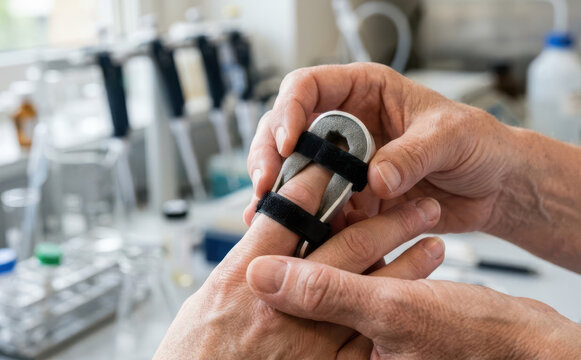 Elderly man putting a finger splint on his injured hand in a medical laboratory or hospital setting