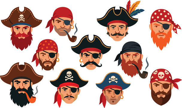 Vector illustration set of pirate captain portraits wearing traditional tricorn hats bandanas and patches isolated on white background