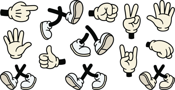 Vector illustration set of vintage cartoon hands wearing gloves and walking comic feet isolated on white background