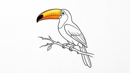 Fototapeta premium A stylized illustration of a toucan with a large, vibrant orange and yellow beak perched on a thin branch against a white background