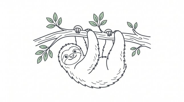 Cute cartoon sloth hanging from a tree branch with green leaves, simple line art illustration