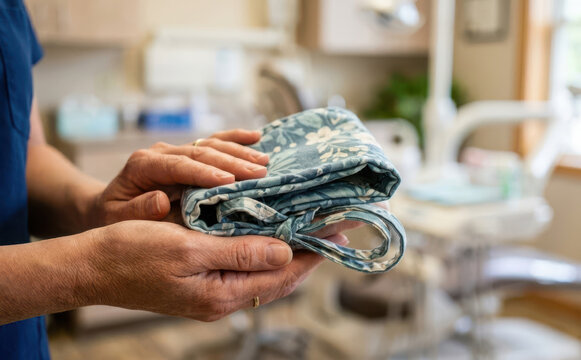 Dental assistant holding a patterned fabric headrest cover in a modern dental office clinic