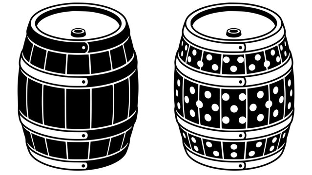 Black silhouette wooden barrel icons, solid and dotted design, beer wine keg symbols isolated on white background