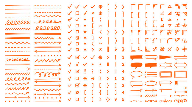 Set of Hand Drawn Orange Vector Doodle Elements Including Arrows Lines Checkmarks Borders and Speech Bubbles