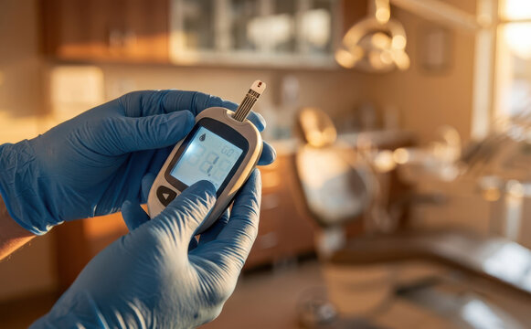 Medical professional in blue gloves holding a blood glucose meter for diabetes testing in clinic