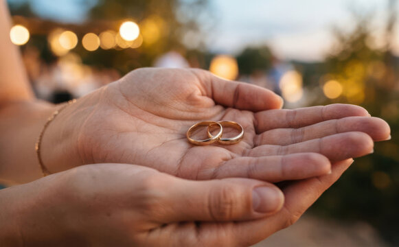 Cupped hands holding two gold wedding rings representing love, commitment and marriage ceremony concept