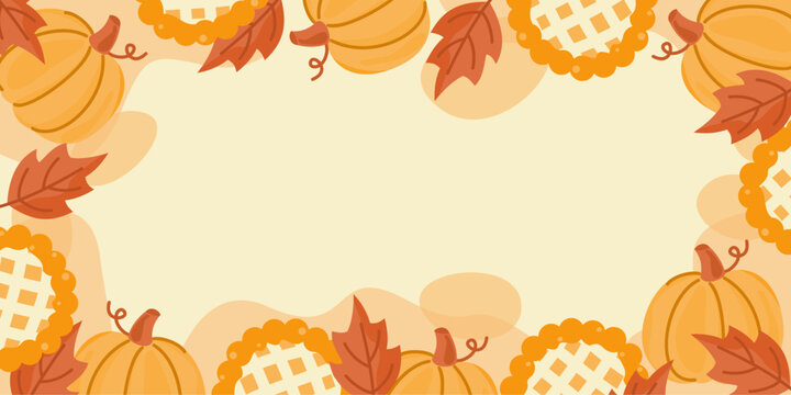 Thanksgiving pumpkin pie border background with autumn leaves and copy space