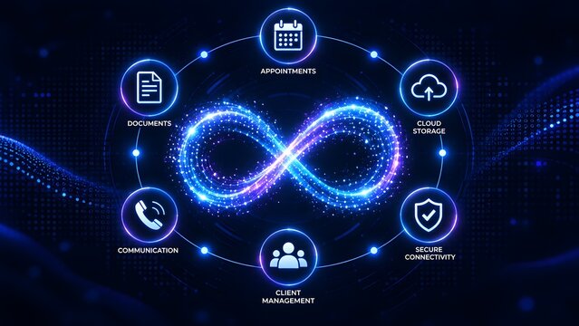 Continuous infinite loop workflow connecting business management cloud storage and communication systems