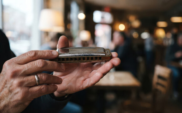 Elderly man holding a vintage harmonica in a cozy cafe representing music hobby and retirement