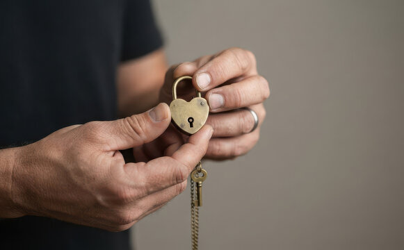 Man holding a vintage heart shaped padlock with a key representing love romance and commitment