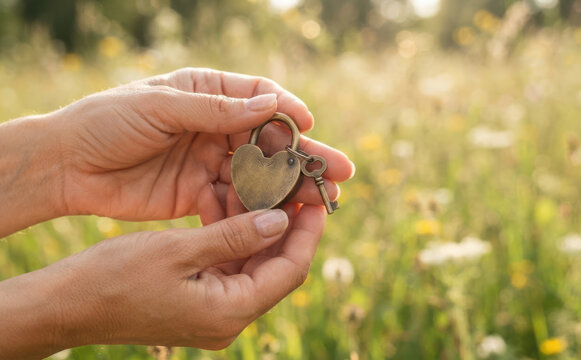 Woman holding heart shaped padlock and key in nature representing love and commitment
