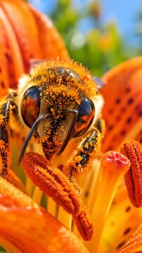 Pollen-covered bee shifts its head and antennae while probing orange flower stamens, framed in extreme close-up with vivid petals, reflective eyes, and soft green-blue background