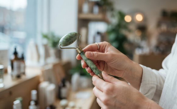 Woman holding a green jade face roller in a natural wellness boutique shop for skincare routine
