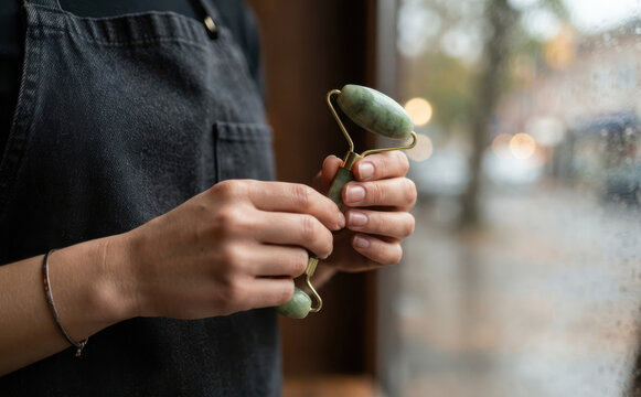 Woman holding jade roller for facial massage and skincare routine in a wellness spa setting
