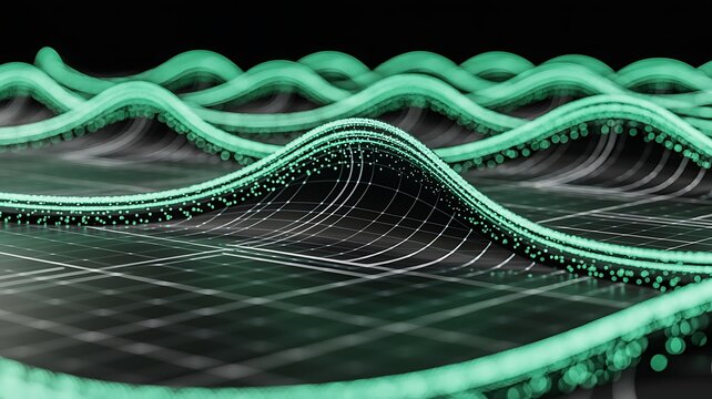 Sine waves moving continuously across a dark textured grid plane surface.