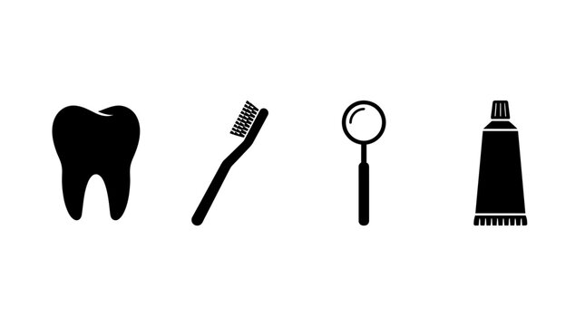 Set of minimal black and white vector dental care icons featuring tooth toothbrush mirror and toothpaste tube for oral health