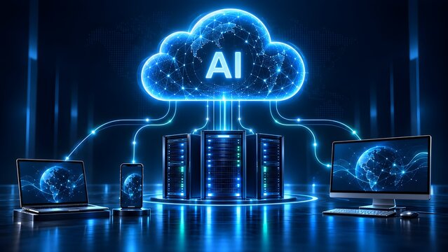 Global AI Cloud Server Infrastructure Connected to Digital Devices and World Map