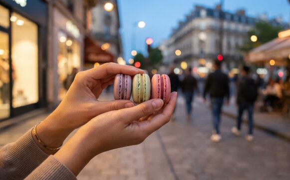 Woman holding three colorful french macarons in her hands on a busy european street at dusk representing travel and sweet treats
