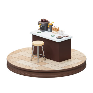 3D render of a modern coffee bar counter with espresso machine and stool
