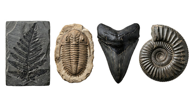 Collection of ancient fossils and prehistoric tooth isolated on transparent background