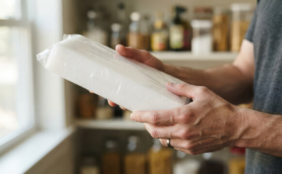 Man holding a white block of solid paraffin wax in his hands inside a kitchen pantry