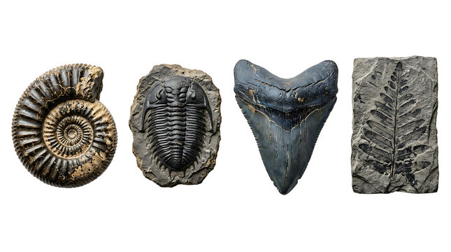 Collection of ancient fossils isolated on transparent background