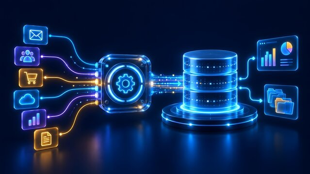 Centralized data processing system converting various digital inputs through a gear mechanism into structured database storage and business analytics