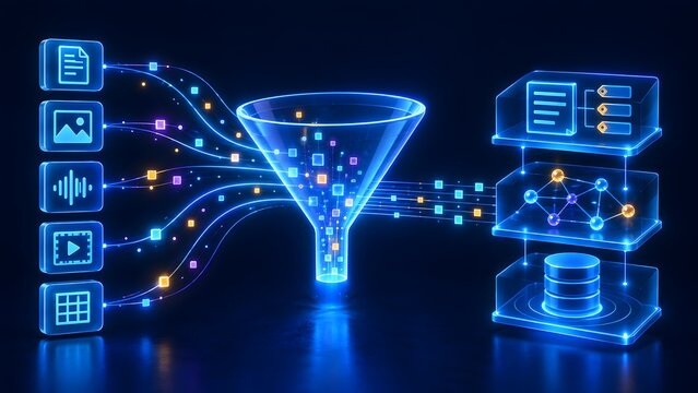 Digital data funnel concept filtering multimedia files into structured database storage and organized network nodes on dark background