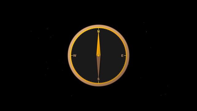 Polished Brass Compass Icon with Oscillating North Needle and Floating Navigation Particles on Black Background