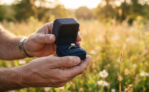 Man holding open velvet box with engagement ring outdoors in nature proposing for marriage