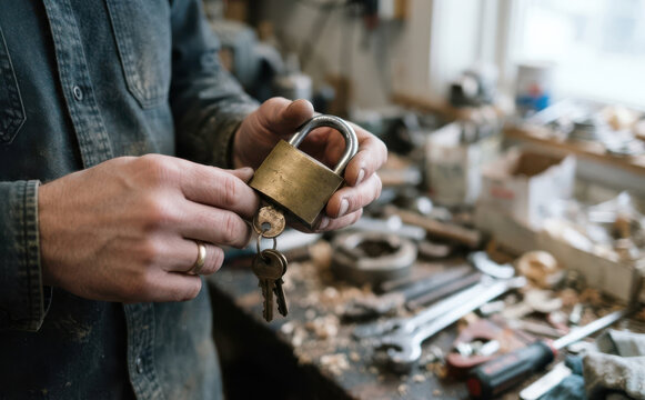 Locksmith holding a brass padlock with keys in workshop for security concepts
